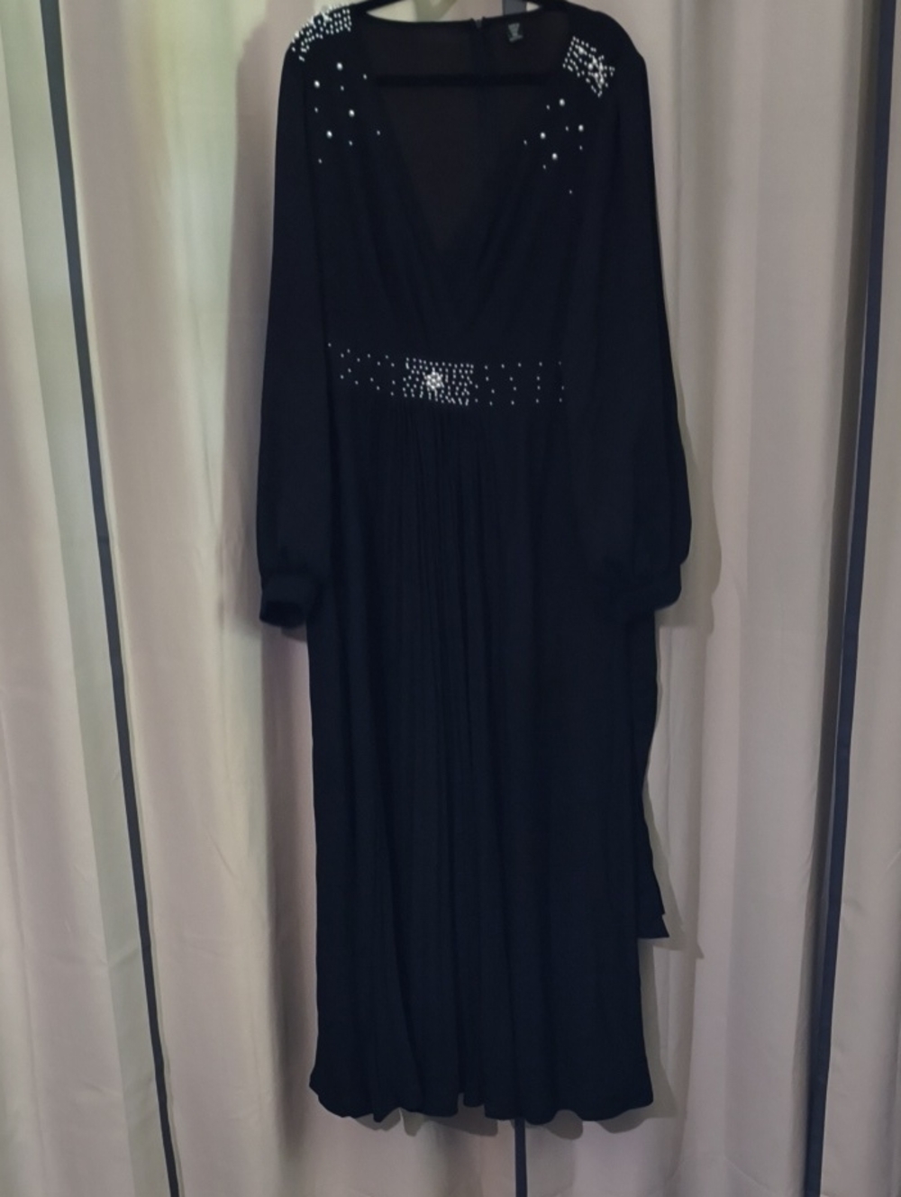 SHEIN Black Long Sleeve V‑Neck Dress with Pearl Trim